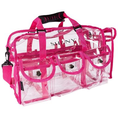 Túi trang điểm PVC trong suốt màu hồng - Túi trang điểm chuyên nghiệp cỡ lớn hình chữ nhật có dây đeo
