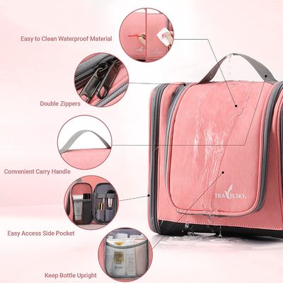 Túi đựng đồ vệ sinh treo tường cho nữ, Túi đựng đồ trang điểm du lịch phòng tắm màu hồng, Túi đựng đồ vệ sinh cá nhân du lịch cỡ trung không thấm nước