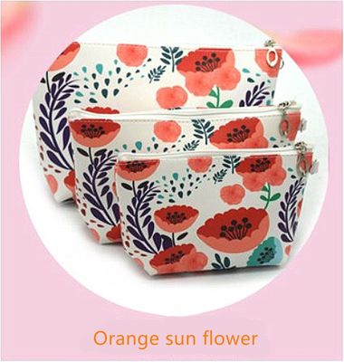 Túi đựng mỹ phẩm cao cấp da pu chống thấm nước dung tích lớn, Phòng tắm, Đựng đồ (3 Size) (Cam hoa hướng dương)