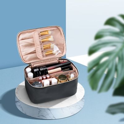 Túi đựng đồ trang điểm, Túi đựng mỹ phẩm cầm tay, Hộp đựng đồ trang điểm du lịch dung tích lớn, Túi đựng đồ trang điểm màu đen cho phụ nữ Túi vệ sinh
